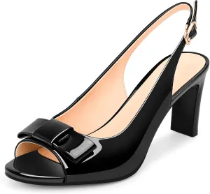 Women's Peep Toe Slingback Heeled Sandals Block Heel Bow Patent Leather Shoes