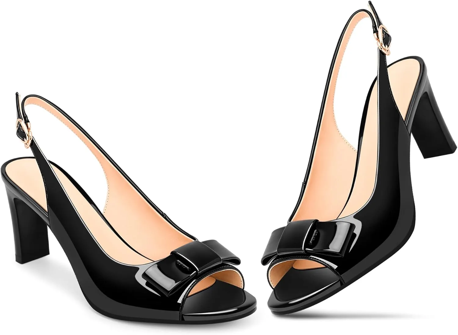 Women's Peep Toe Slingback Heeled Sandals Block Heel Bow Patent Leather Shoes