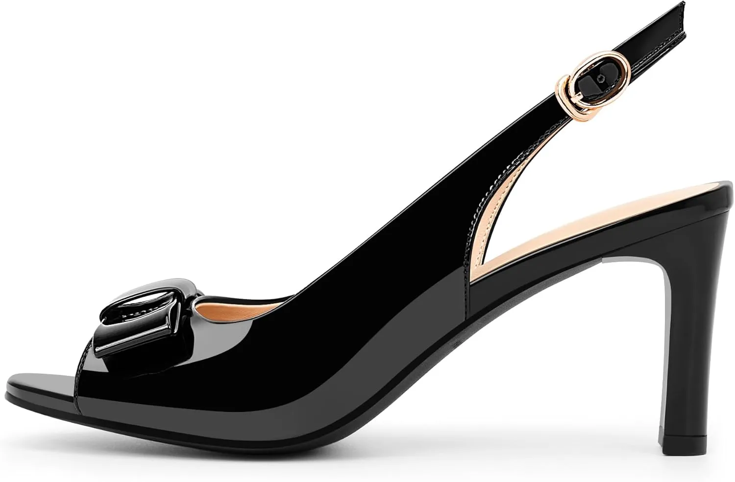 Women's Peep Toe Slingback Heeled Sandals Block Heel Bow Patent Leather Shoes