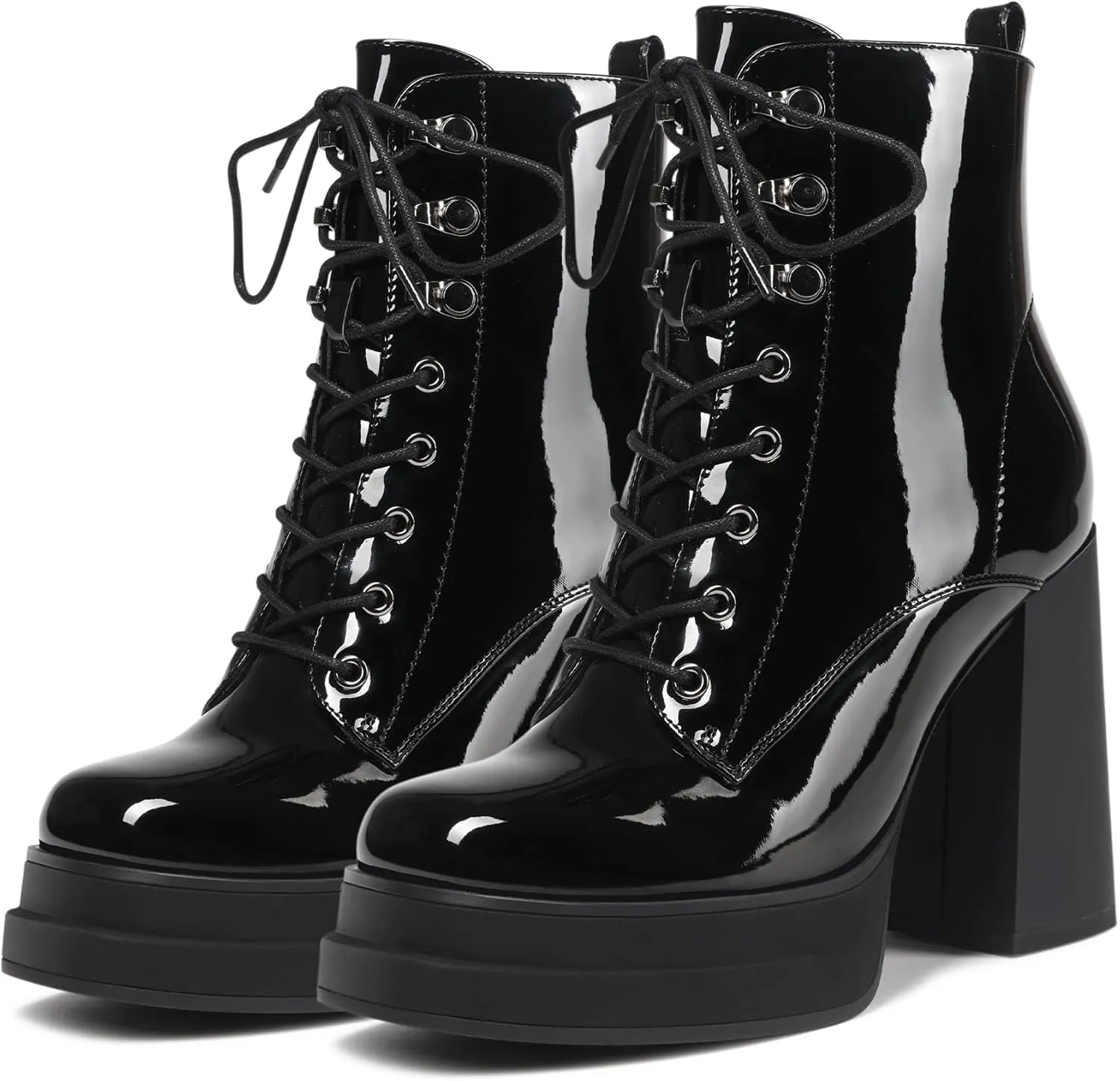 Women's Platform Ankle Boots Chunky High Heel Square Toe Stretch Short Gogo Combat Boots Booties for Women (not for wide calf)