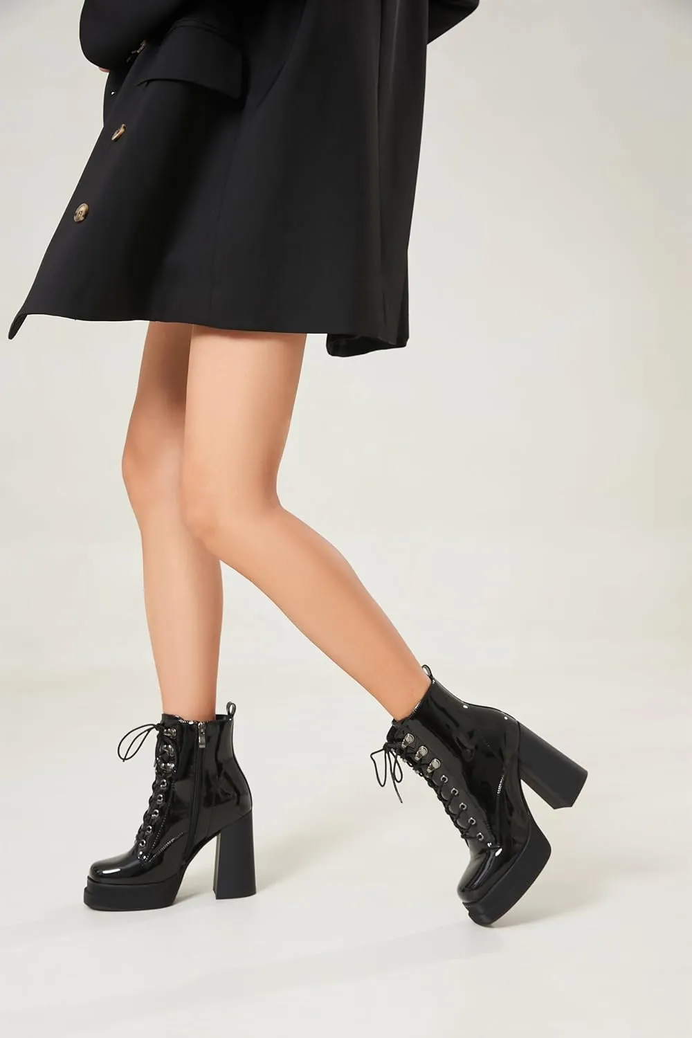 Women's Platform Ankle Boots Chunky High Heel Square Toe Stretch Short Gogo Combat Boots Booties for Women (not for wide calf)