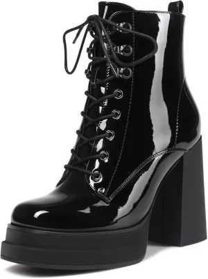 Women's Platform Ankle Boots Chunky High Heel Square Toe Stretch Short Gogo Combat Boots Booties for Women (not for wide calf)