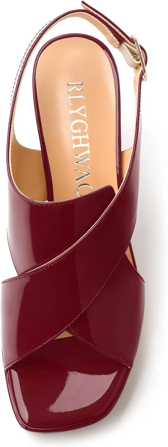 Women's Platform Sandals, Slingback Open Toe Buckle Heels for Women, Fashion Solid Patent High Heel Shoes 3.35 inch