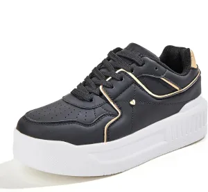 Women's Platform Sneakers Sparkle Rhinestone Chunky Shoes Leather Low Top Lace Up Walking Shoes
