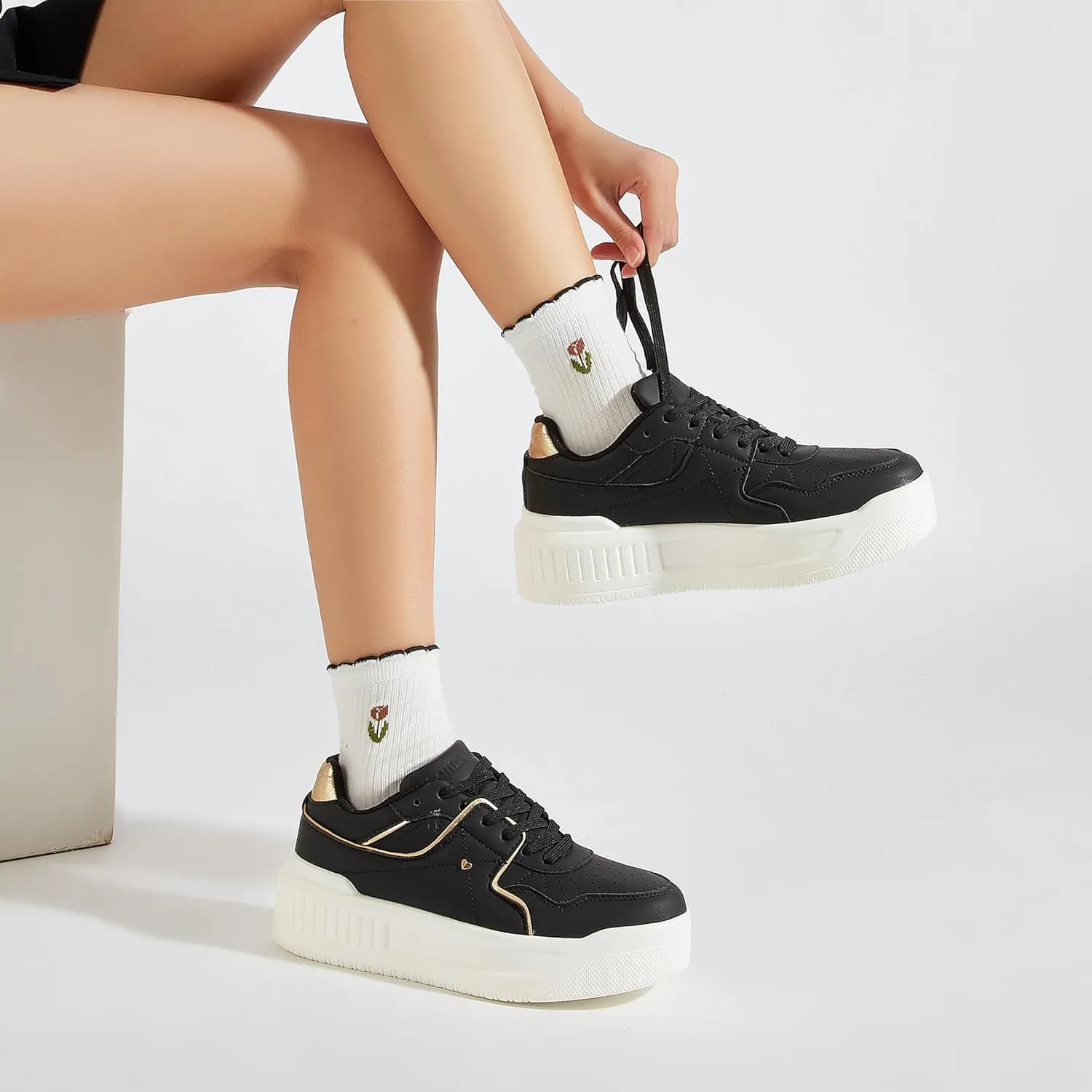 Women's Platform Sneakers Sparkle Rhinestone Chunky Shoes Leather Low Top Lace Up Walking Shoes