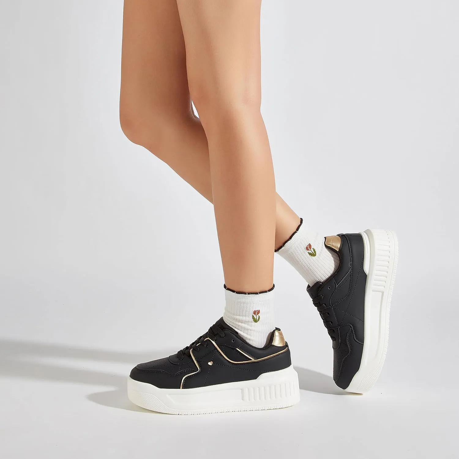 Women's Platform Sneakers Sparkle Rhinestone Chunky Shoes Leather Low Top Lace Up Walking Shoes