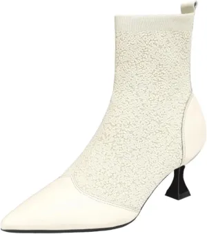 Women's Pointed Toe Kitten Heels Sock Ankle BootsKnit Cowhide Splicing Fashionable and Sexy Mid Calf Booties Stretch Knit Warm Dressy Booties