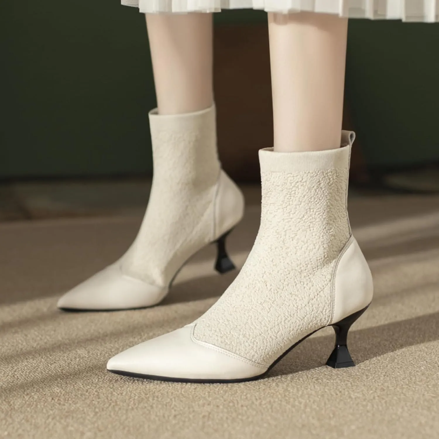 Women's Pointed Toe Kitten Heels Sock Ankle BootsKnit Cowhide Splicing Fashionable and Sexy Mid Calf Booties Stretch Knit Warm Dressy Booties