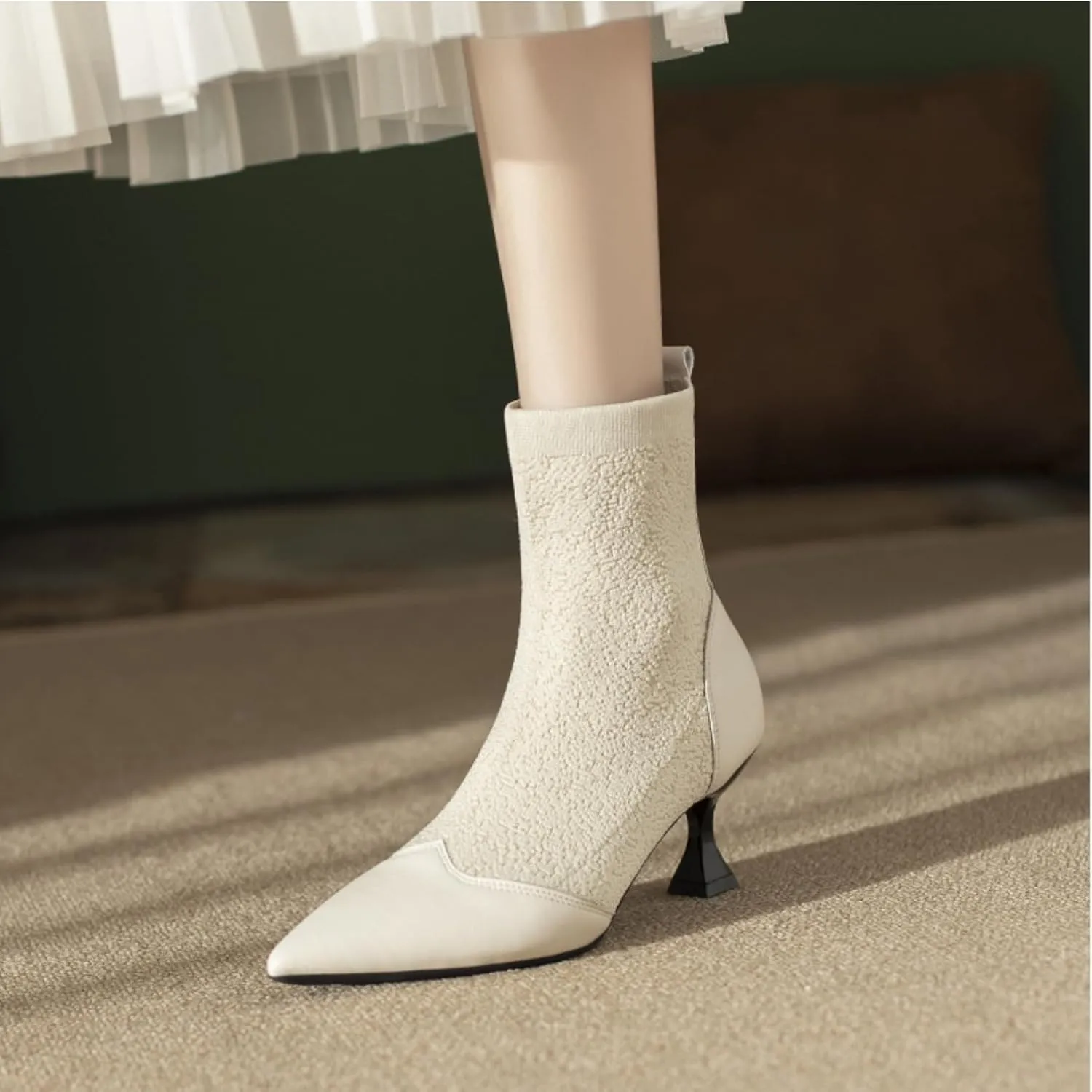 Women's Pointed Toe Kitten Heels Sock Ankle BootsKnit Cowhide Splicing Fashionable and Sexy Mid Calf Booties Stretch Knit Warm Dressy Booties