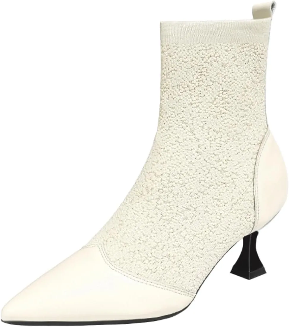 Women's Pointed Toe Kitten Heels Sock Ankle BootsKnit Cowhide Splicing Fashionable and Sexy Mid Calf Booties Stretch Knit Warm Dressy Booties