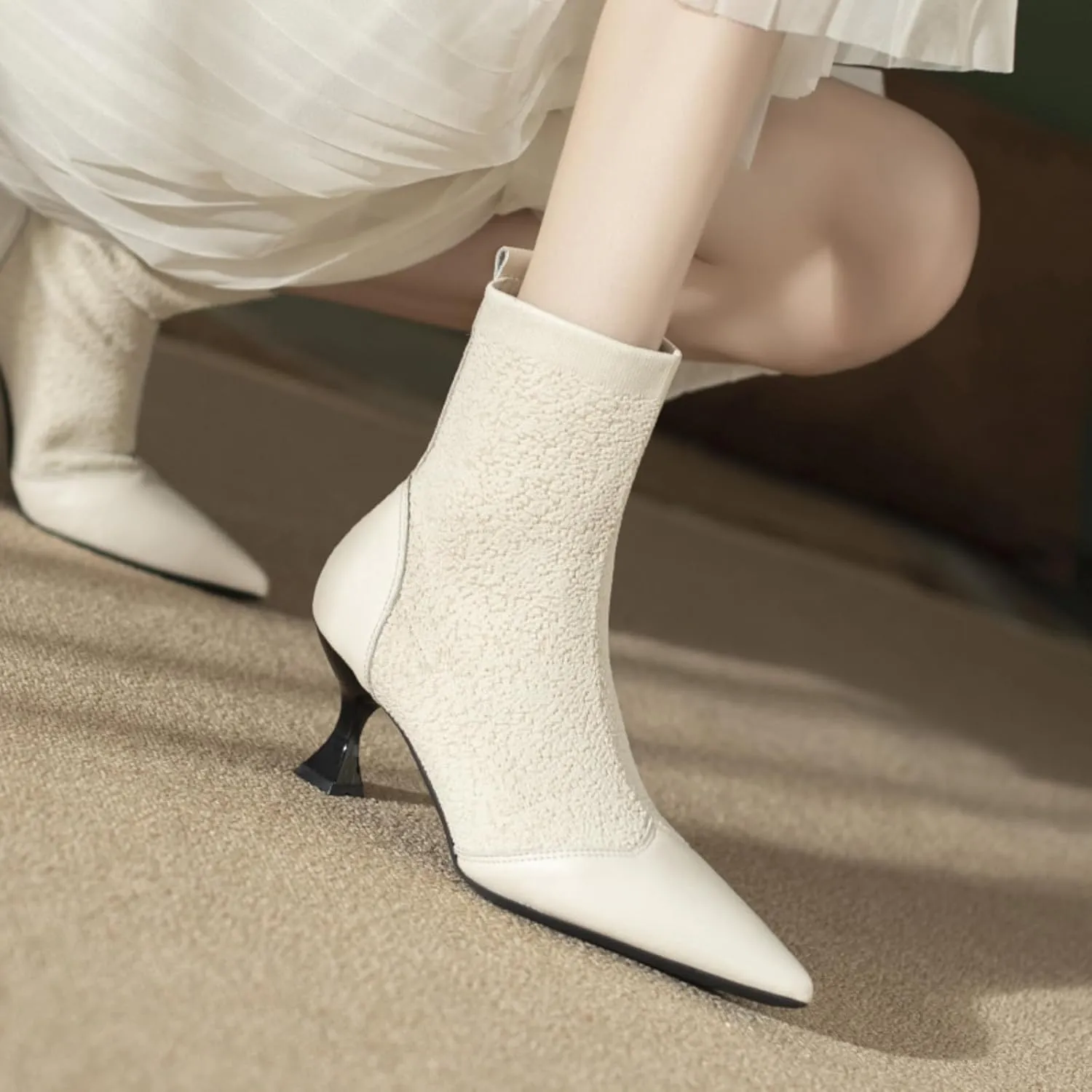 Women's Pointed Toe Kitten Heels Sock Ankle BootsKnit Cowhide Splicing Fashionable and Sexy Mid Calf Booties Stretch Knit Warm Dressy Booties