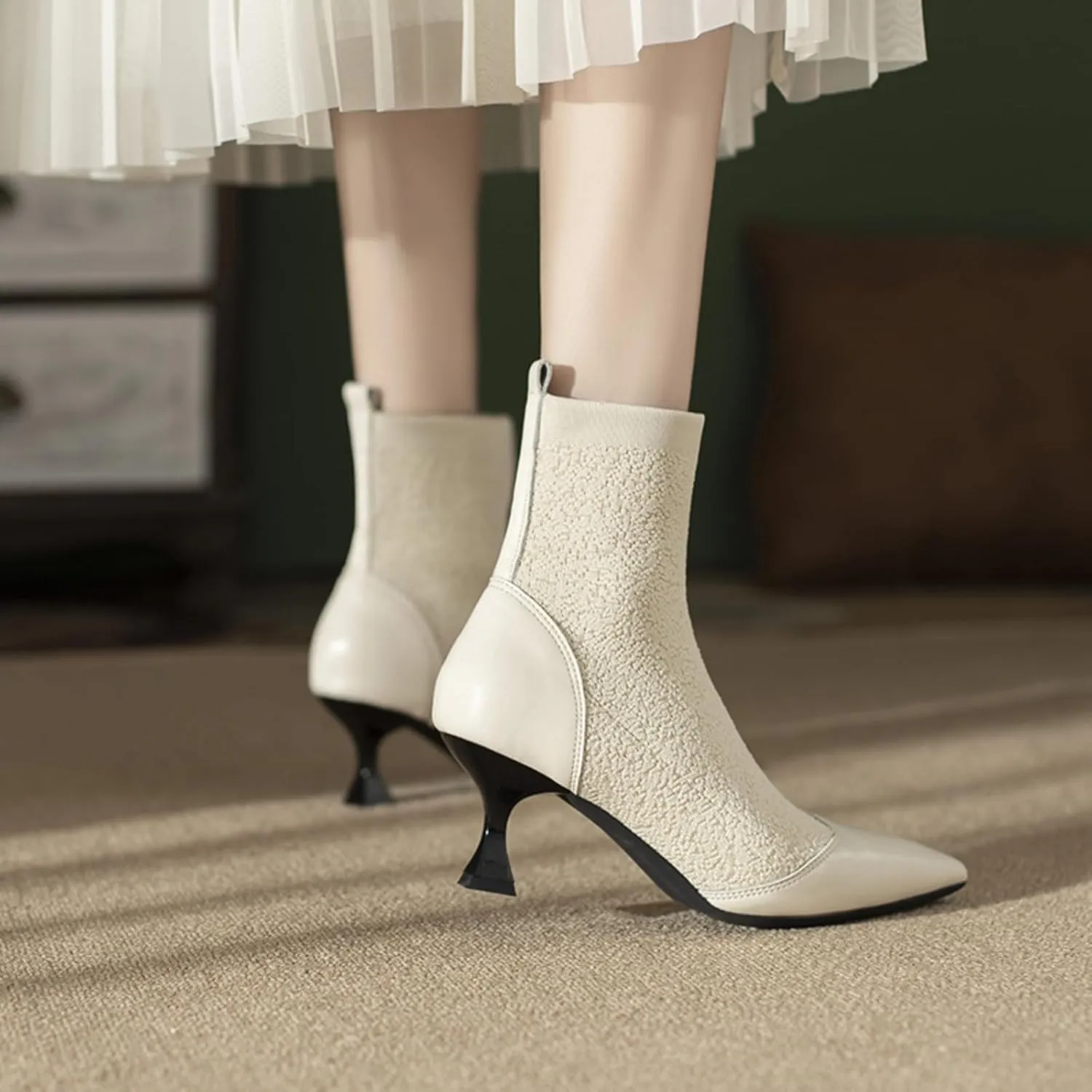 Women's Pointed Toe Kitten Heels Sock Ankle BootsKnit Cowhide Splicing Fashionable and Sexy Mid Calf Booties Stretch Knit Warm Dressy Booties