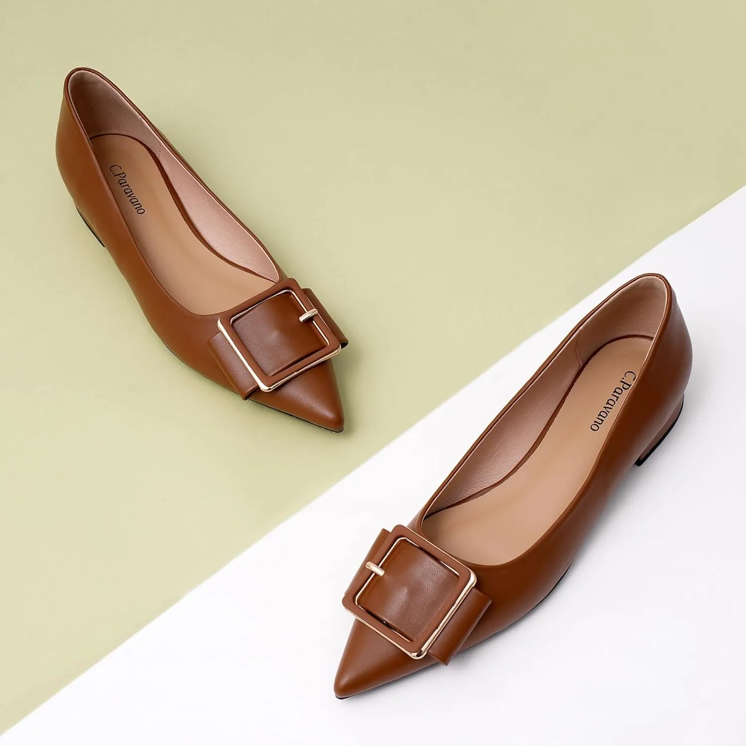 Women's Pointed Toe Square Buckle Flats Elegant Slip-On Ballet Flats Comfortable Dressy Shoes for Work Party Daily Wear