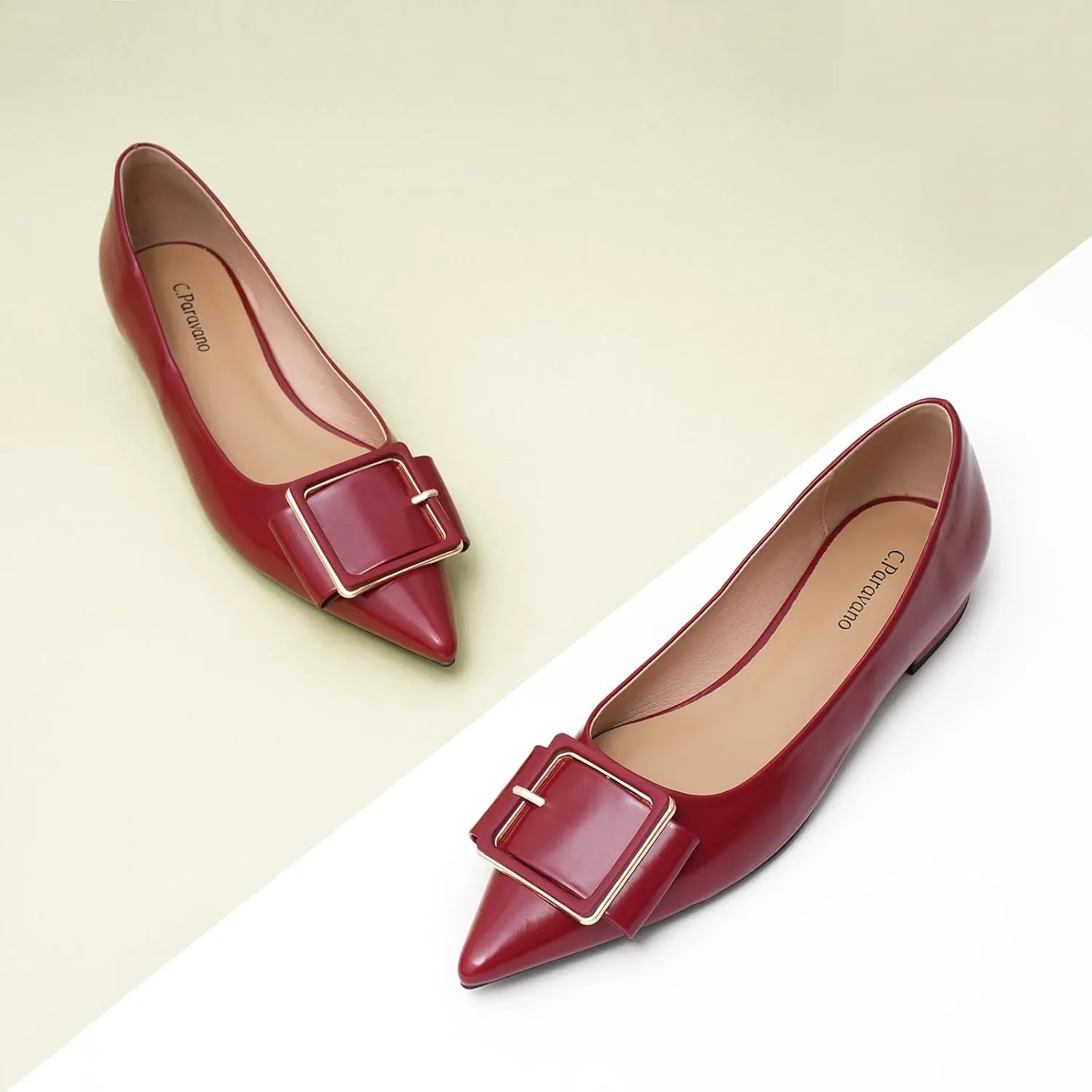 Women's Pointed Toe Square Buckle Flats Elegant Slip-On Ballet Flats Comfortable Dressy Shoes for Work Party Daily Wear