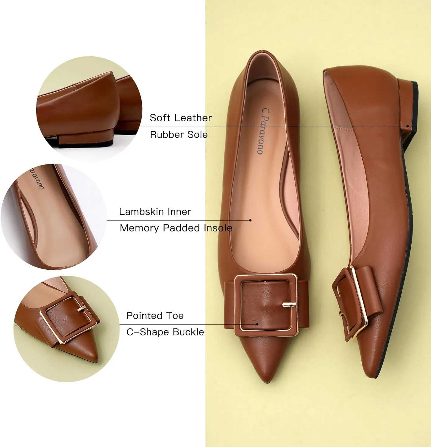 Women's Pointed Toe Square Buckle Flats Elegant Slip-On Ballet Flats Comfortable Dressy Shoes for Work Party Daily Wear