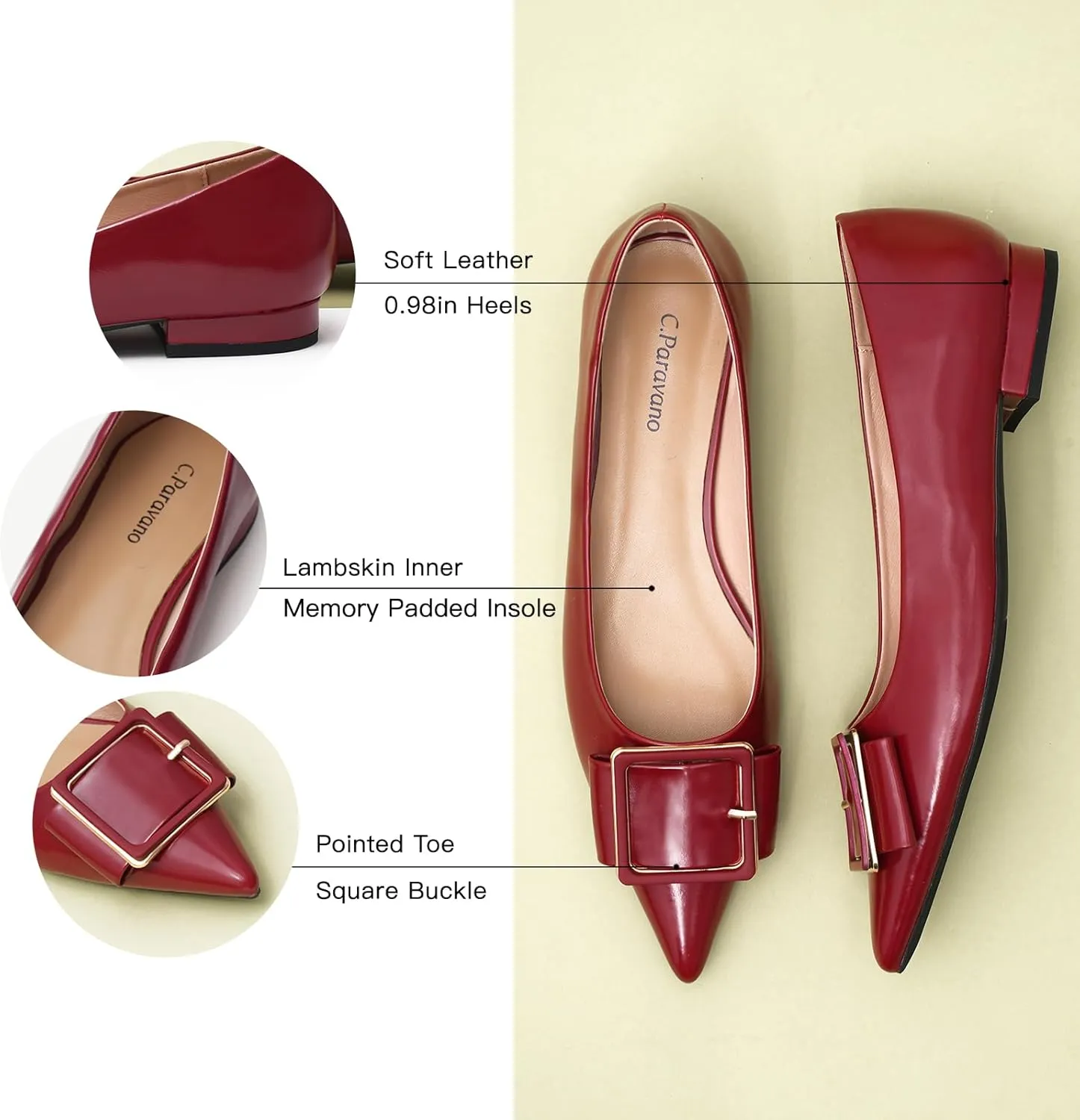 Women's Pointed Toe Square Buckle Flats Elegant Slip-On Ballet Flats Comfortable Dressy Shoes for Work Party Daily Wear