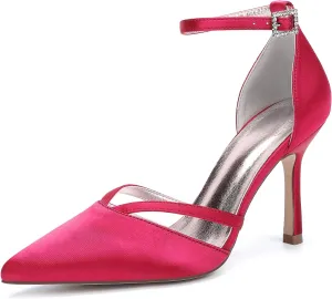 Womens Pumps for Bride Shoes Closed Toe Stiletto High Heels Wedding Pointed Toe Shoes Ankle Strap Satin Breathable Pointy Toe Sandals,Red,9