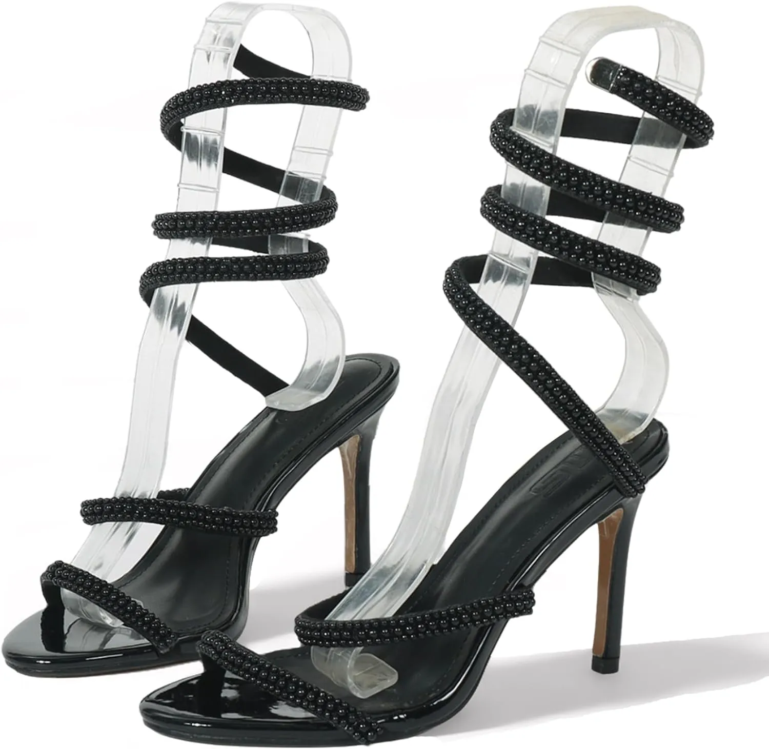 Women'S Rhinestone Coil Spiral Ankle Strap Stiletto Sandals Elegant Sexy Pointed Toe Ankle Wrap Up Strappy High Heel Dress sandals For Party wedding