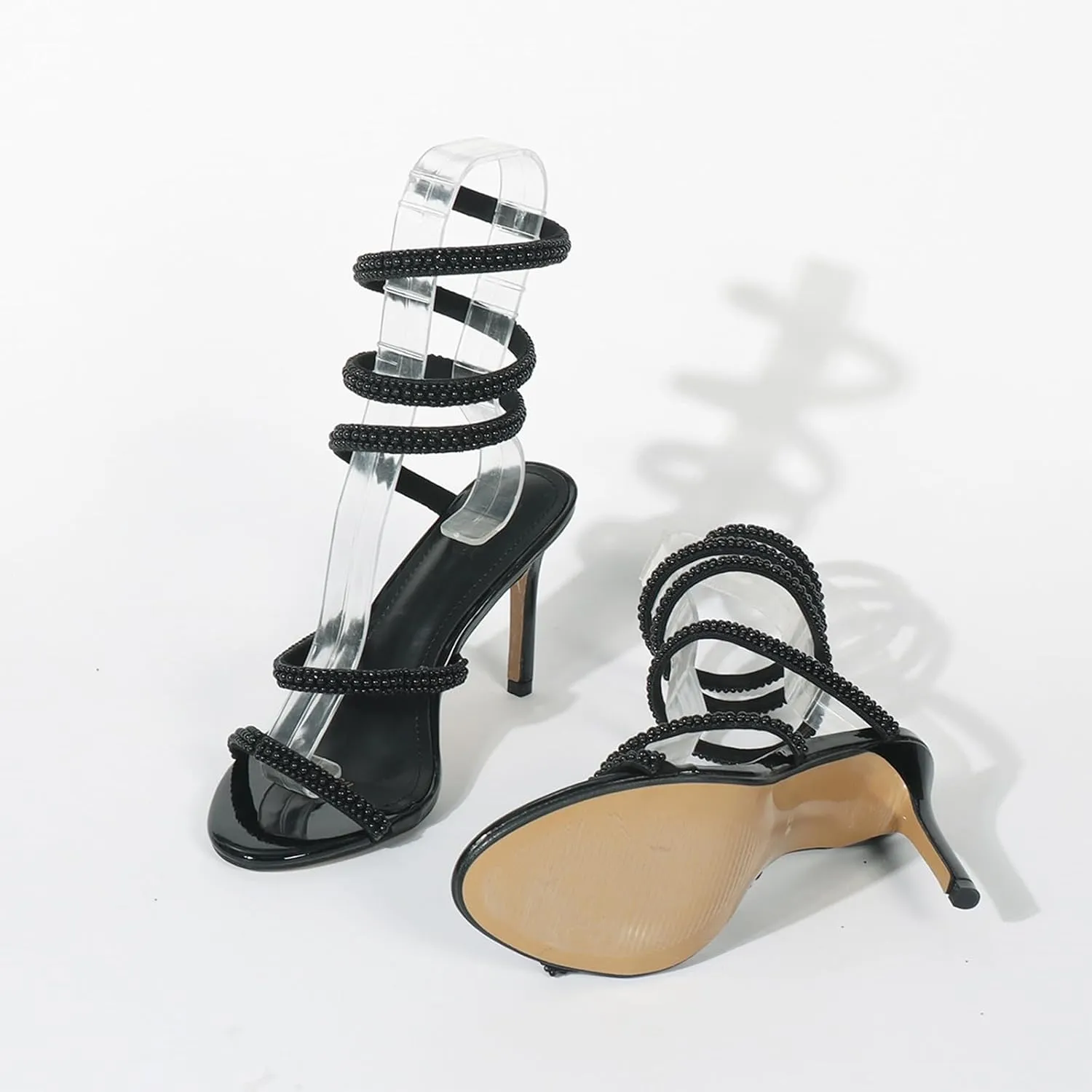 Women'S Rhinestone Coil Spiral Ankle Strap Stiletto Sandals Elegant Sexy Pointed Toe Ankle Wrap Up Strappy High Heel Dress sandals For Party wedding