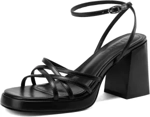 Women's Rhinestone Sparkling Heeled Sandals, Ankle-Strap Pin-Buckled Block Heel Gold Square-Toe Sandals, Dress-Up Summer Ball Party Dress Shoes