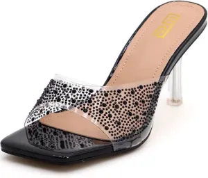 Women's Rhinestone Stiletto Sandals Elegant Square Open Toe Backless Slip-On High Heel Dress Sides Shoes with Clear Rhinestone Design for Evening Party and Wedding Events
