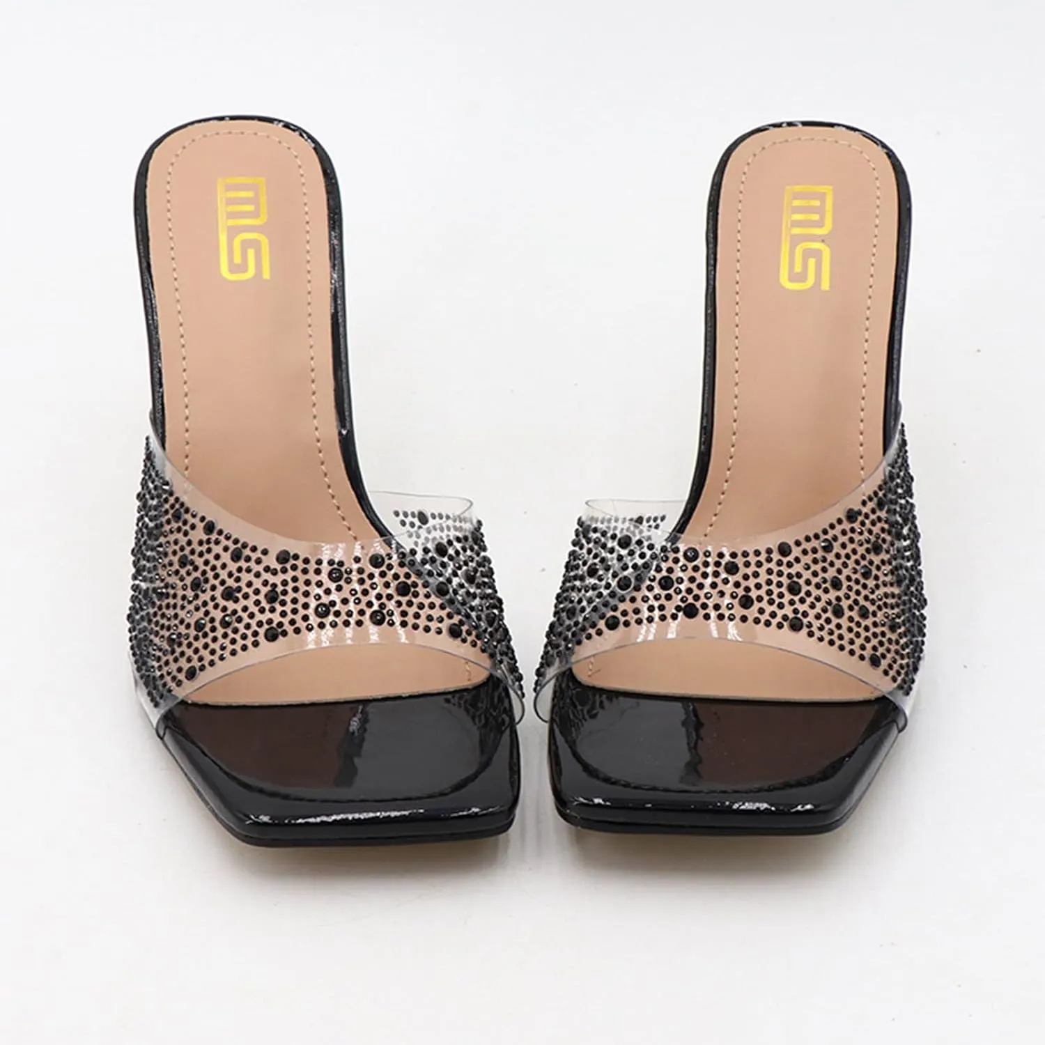 Women's Rhinestone Stiletto Sandals Elegant Square Open Toe Backless Slip-On High Heel Dress Sides Shoes with Clear Rhinestone Design for Evening Party and Wedding Events
