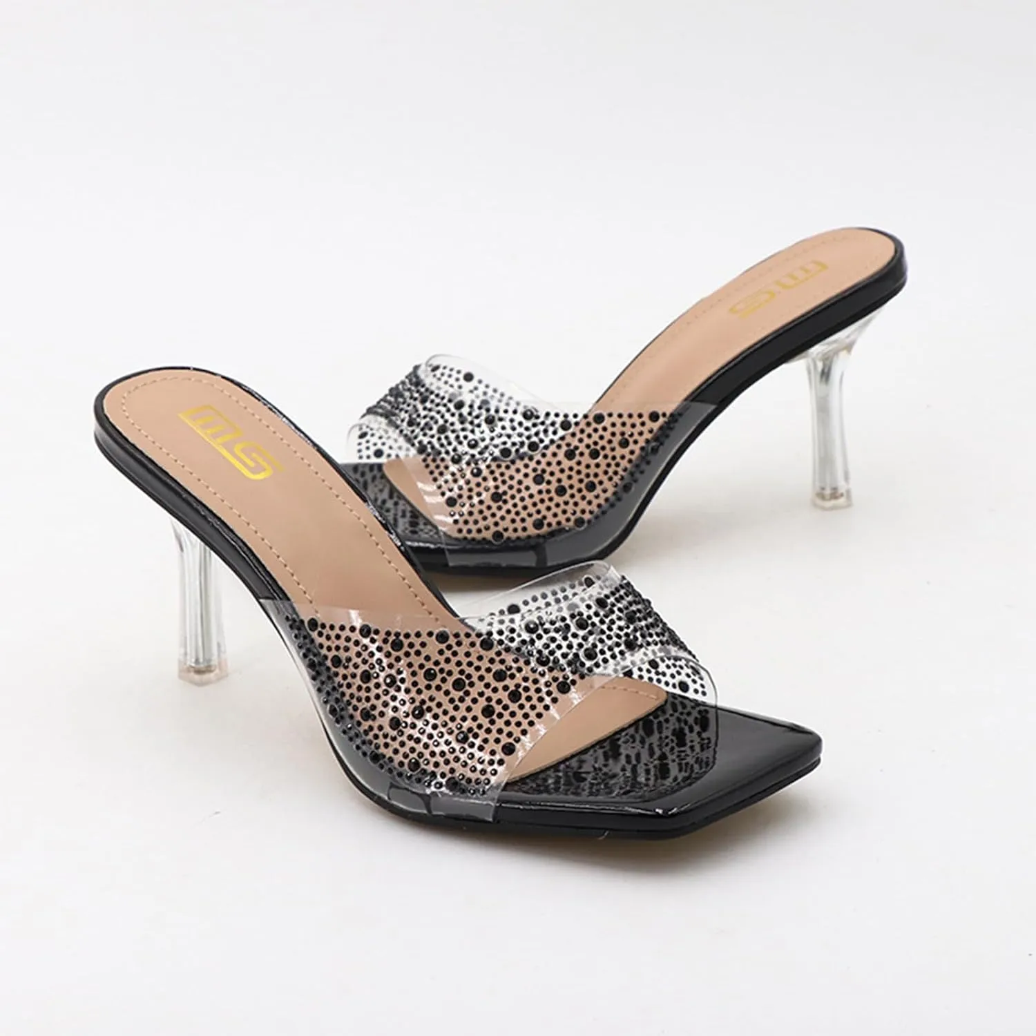 Women's Rhinestone Stiletto Sandals Elegant Square Open Toe Backless Slip-On High Heel Dress Sides Shoes with Clear Rhinestone Design for Evening Party and Wedding Events