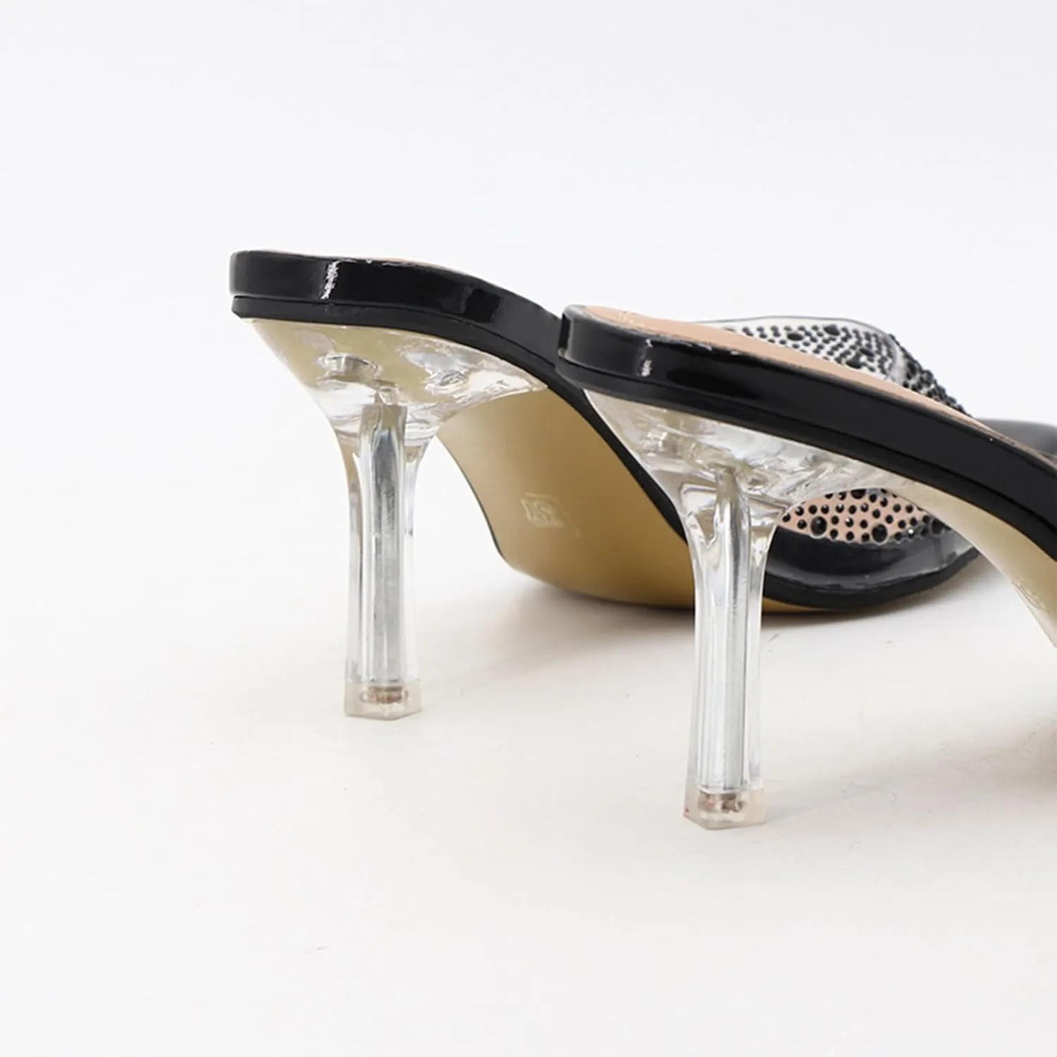 Women's Rhinestone Stiletto Sandals Elegant Square Open Toe Backless Slip-On High Heel Dress Sides Shoes with Clear Rhinestone Design for Evening Party and Wedding Events
