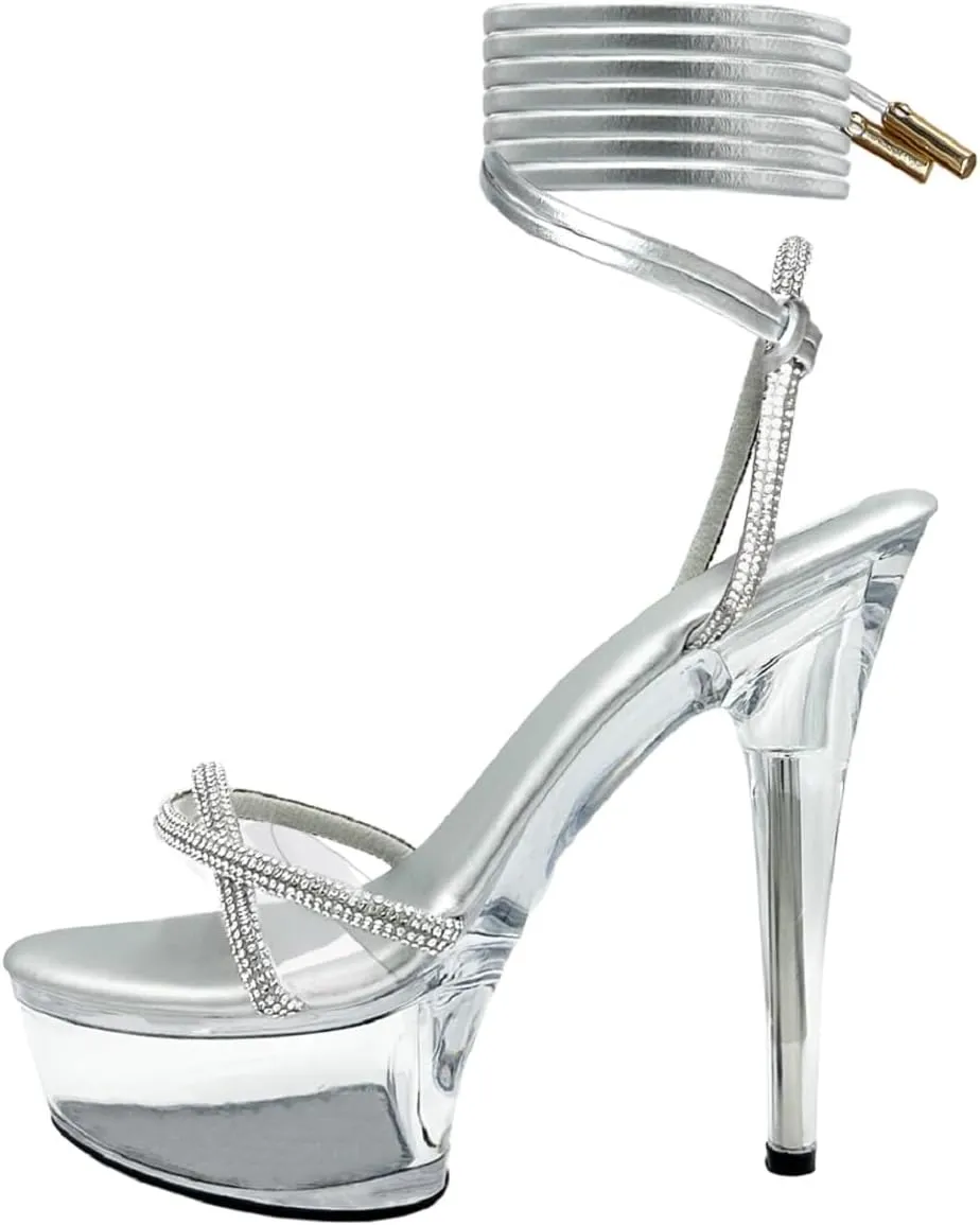 Women's Rhinestones Strap Clear Platform Stiletto Heels Sparkly Tie Up Strappy Sandals