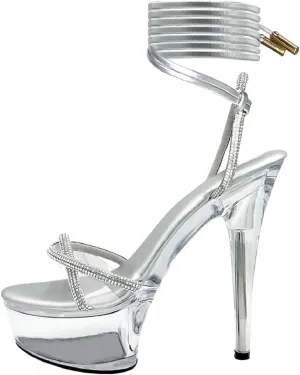 Women's Rhinestones Strap Clear Platform Stiletto Heels Sparkly Tie Up Strappy Sandals