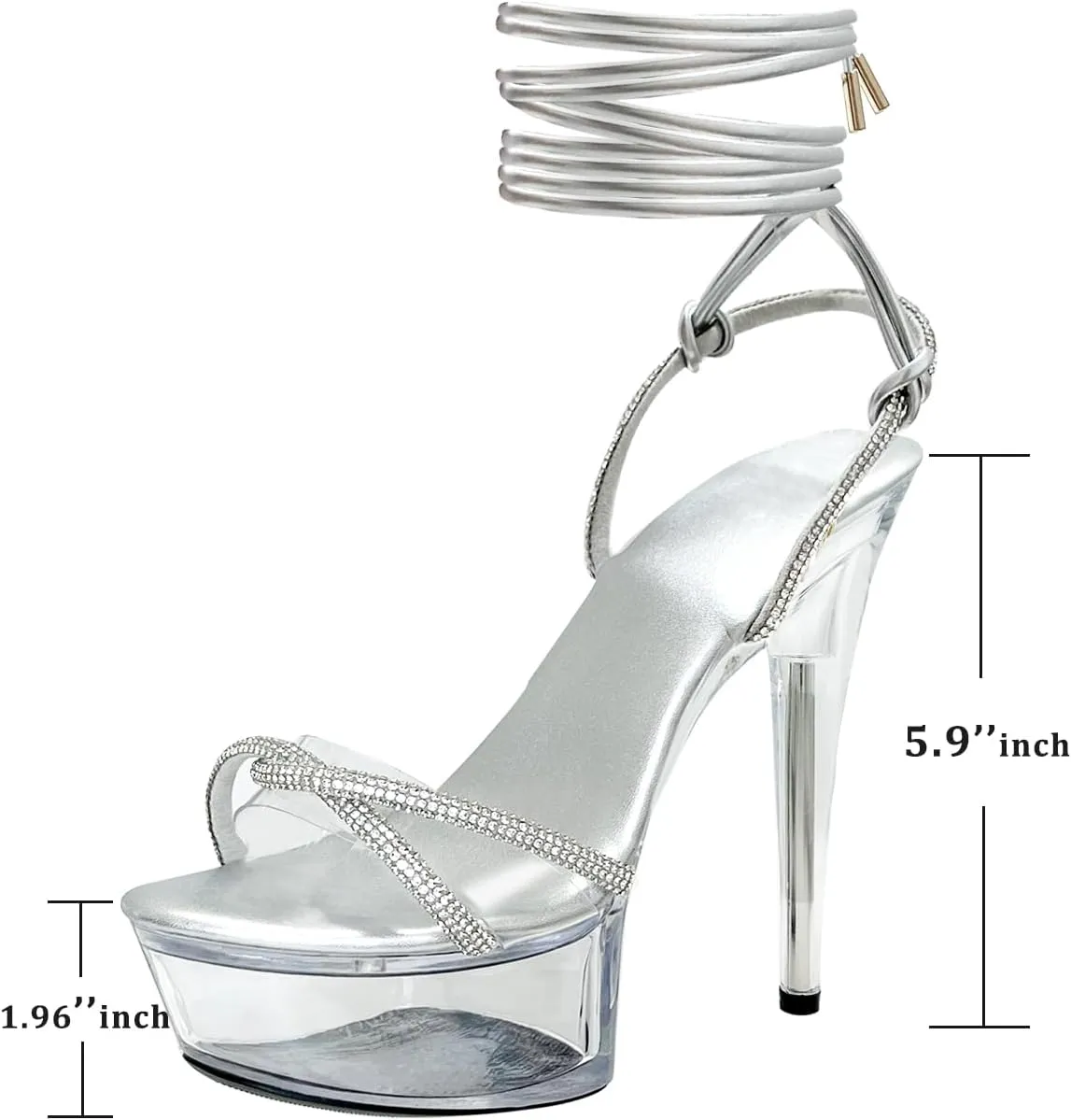 Women's Rhinestones Strap Clear Platform Stiletto Heels Sparkly Tie Up Strappy Sandals