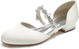 Women's Round Toe Plain Ballet Slip on Flats Shoes Wedding Shoes for Bride Flat Satin Crystals Wedding Flats for Bride Party Dress Shoes Flats,Ivory,9.5 US