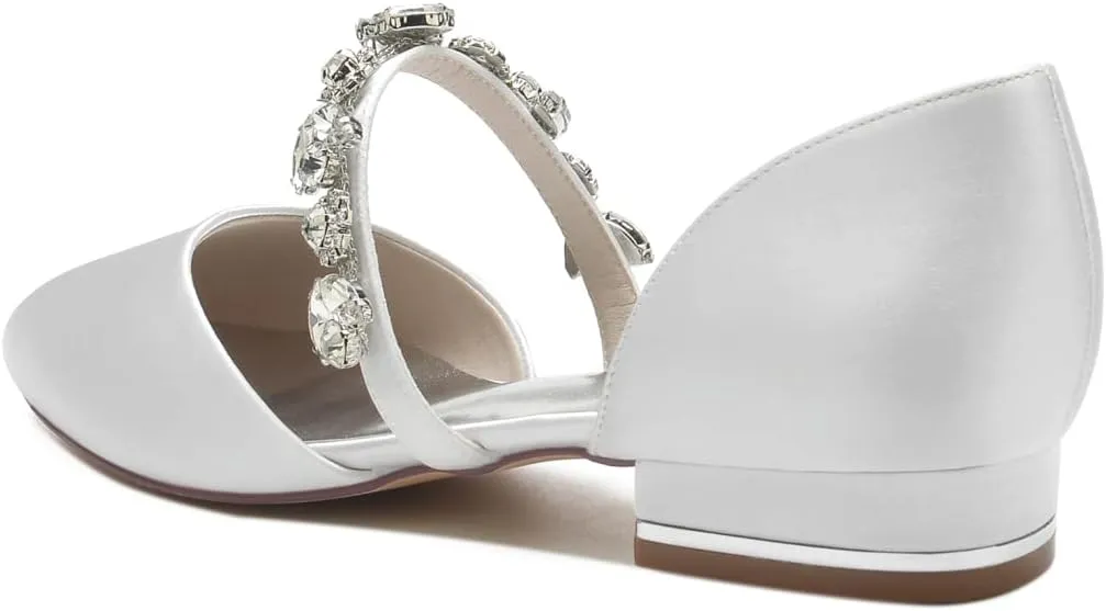 Women's Round Toe Plain Ballet Slip on Flats Shoes Wedding Shoes for Bride Flat Satin Crystals Wedding Flats for Bride Party Dress Shoes Flats,Ivory,9.5 US