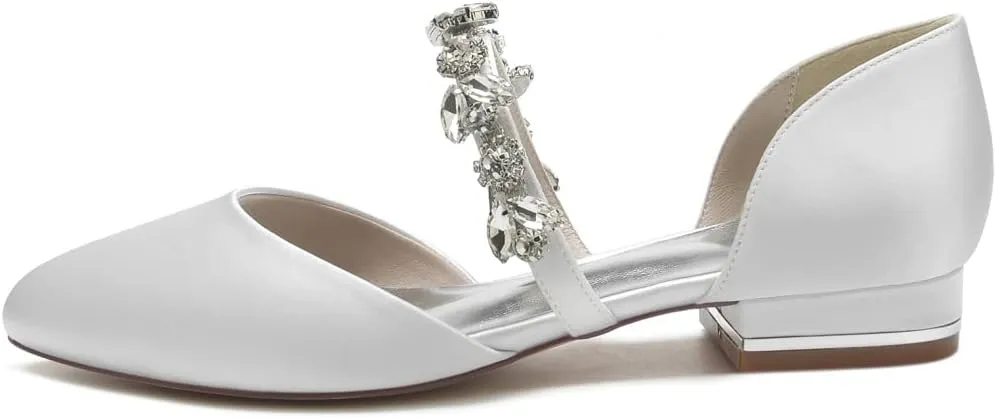 Women's Round Toe Plain Ballet Slip on Flats Shoes Wedding Shoes for Bride Flat Satin Crystals Wedding Flats for Bride Party Dress Shoes Flats,Ivory,9.5 US