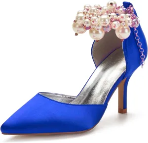 Women's Sandal 8CM High Heels Beaded Bowknot Strap Bridal Wedding Shoes Satin Stiletto Pump Elegant Formal Women's Sandal Pointed Toe,Blue,11