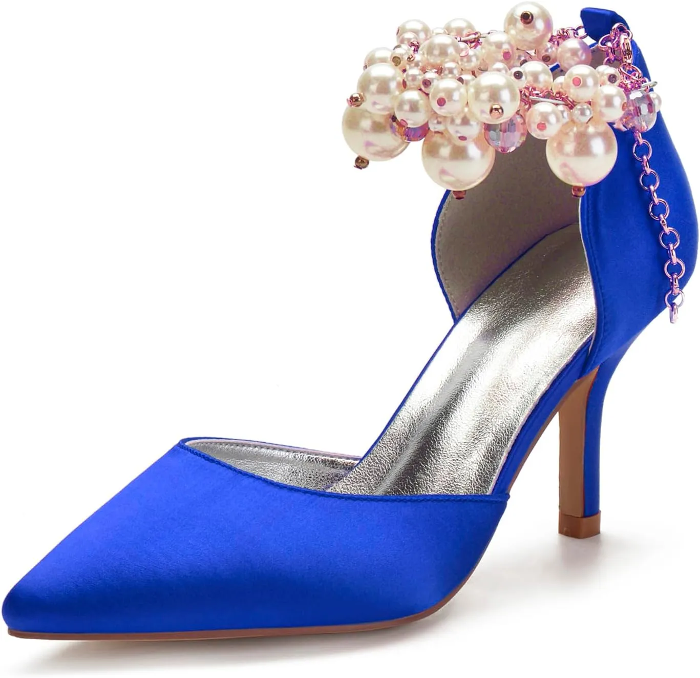 Women's Sandal 8CM High Heels Beaded Bowknot Strap Bridal Wedding Shoes Satin Stiletto Pump Elegant Formal Women's Sandal Pointed Toe,Blue,11