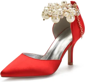 Women's Sandal 8CM High Heels Beaded Bowknot Strap Bridal Wedding Shoes Satin Stiletto Pump Elegant Formal Women's Sandal Pointed Toe,Red,4