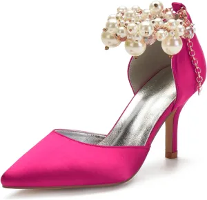 Women's Sandal 8CM High Heels Beaded Bowknot Strap Bridal Wedding Shoes Satin Stiletto Pump Elegant Formal Women's Sandal Pointed Toe,Rose red,8.5