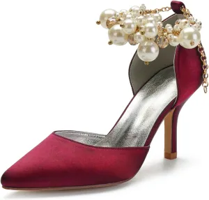 Women's Sandal 8CM High Heels Beaded Bowknot Strap Bridal Wedding Shoes Satin Stiletto Pump Elegant Formal Women's Sandal Pointed Toe,Wine red,7