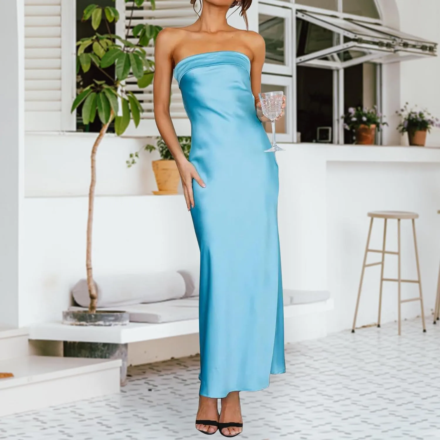 Women's Sexy Satin Tube Maxi Dress Elegant Silk Strapless Open Back Party Cocktail Wedding Guest Formal Long Dresses