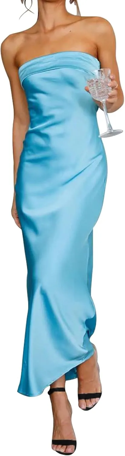 Women's Sexy Satin Tube Maxi Dress Elegant Silk Strapless Open Back Party Cocktail Wedding Guest Formal Long Dresses