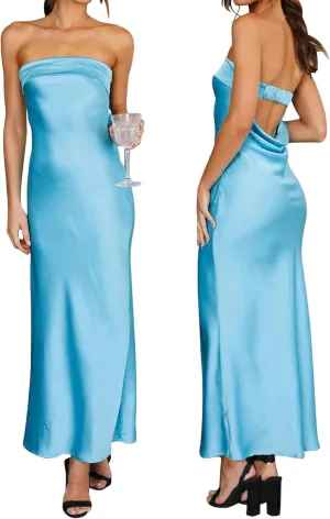 Women's Sexy Satin Tube Maxi Dress Elegant Silk Strapless Open Back Party Cocktail Wedding Guest Formal Long Dresses