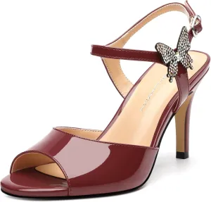 Women's Sexy Stiletto High Kitten Patent Heels Ankle Strap Buckle Round Peep Open Toe Sandals Elegant Dress Office Party Wedding Shoes For Women 3.3 Inch