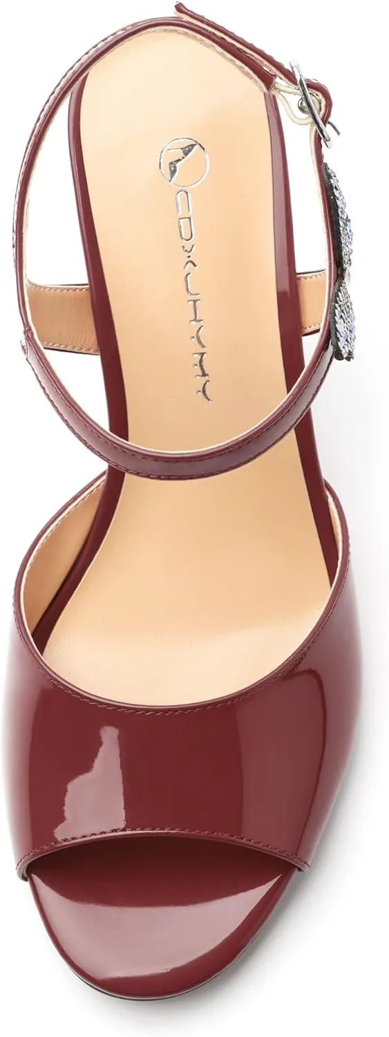 Women's Sexy Stiletto High Kitten Patent Heels Ankle Strap Buckle Round Peep Open Toe Sandals Elegant Dress Office Party Wedding Shoes For Women 3.3 Inch