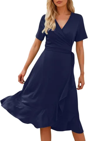 Women's Short Sleeve V Neck Midi Dress Wrap Tie Waist Tiered Ruffle Hem Flowy Casual Summer Beach Vacation Dress