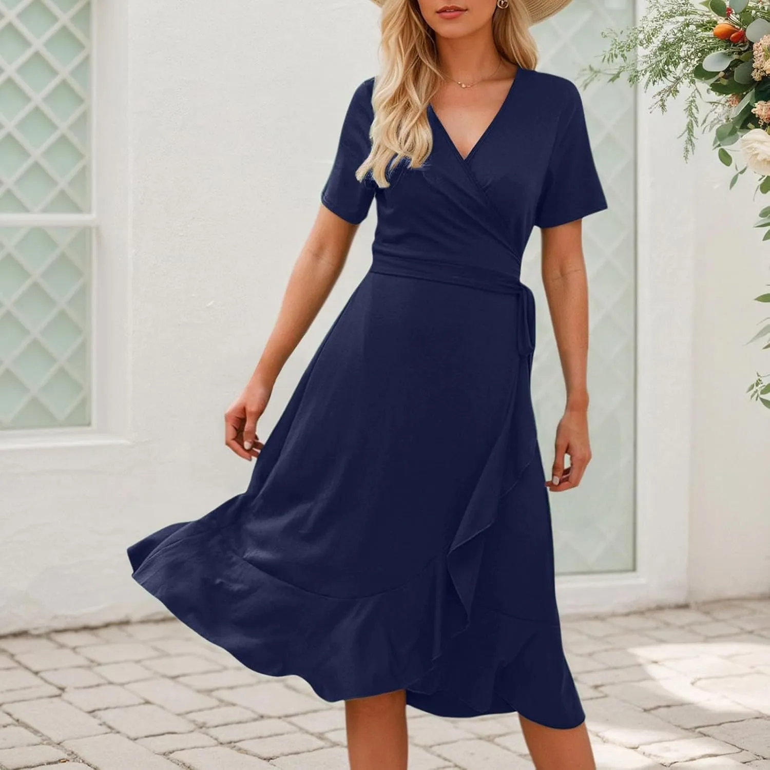 Women's Short Sleeve V Neck Midi Dress Wrap Tie Waist Tiered Ruffle Hem Flowy Casual Summer Beach Vacation Dress