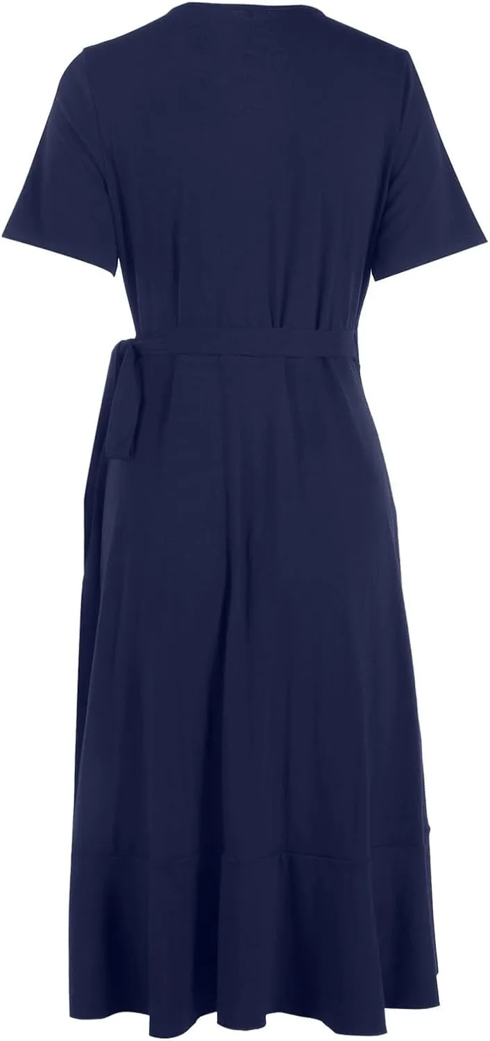 Women's Short Sleeve V Neck Midi Dress Wrap Tie Waist Tiered Ruffle Hem Flowy Casual Summer Beach Vacation Dress