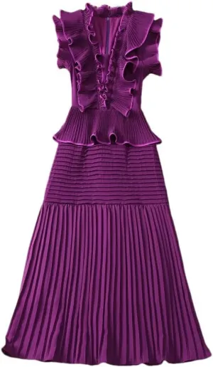 Women's Short Sleeve V Neck Ruffles Pleated Midi Dresses Elegant Evening Party Dress Purple