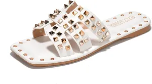 Women's Slide Sandals with Gold Spike Studded Design - Open-Toe Summer Slides for Women, Slip-On Comfortable Sandals for Casual Beach, Pool, or Outfits | Lightweight Trendy Footwear (Amisha)