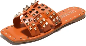 Women's Slide Sandals with Gold Spike Studded Design - Open-Toe Summer Slides for Women, Slip-On Comfortable Sandals for Casual Beach, Pool, or Outfits | Lightweight Trendy Footwear (Amisha)